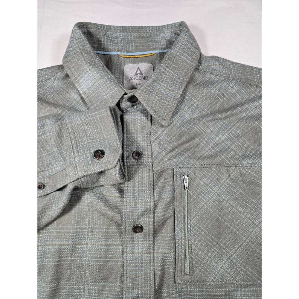 Ascend Mens Grey Blue Plaid Long Sleeve Button Down Shirt Large Zip Chest Pocket